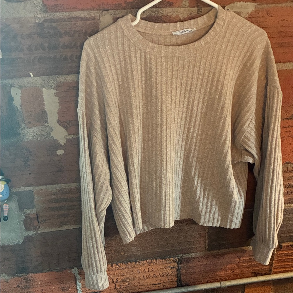 Zara Tan Ribbed Crew Neck Sweater